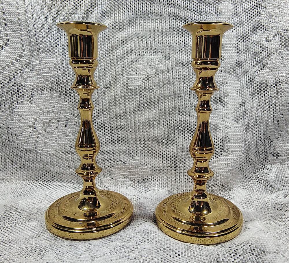 Baldwin Brass Candlesticks Set Candle Holders Pair Round Base Colonial 7”